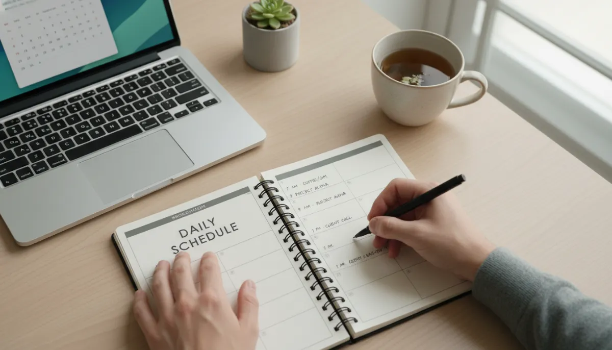 Person writing in a planner to create a daily schedule