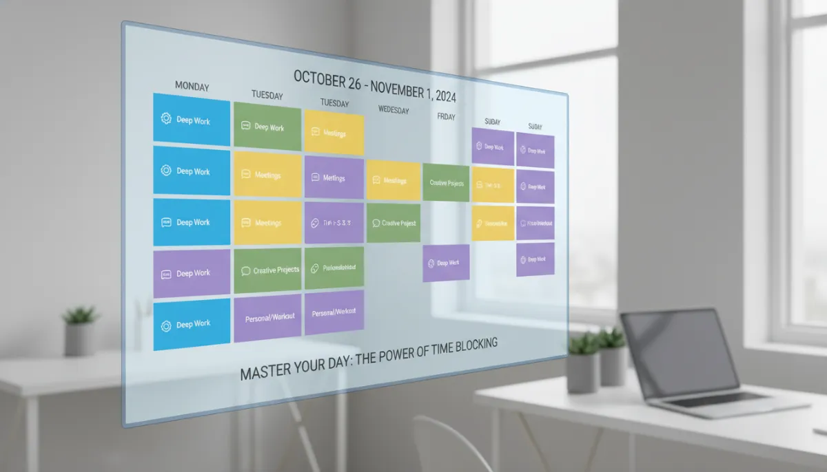 Digital calendar showing color coded time blocking blocks