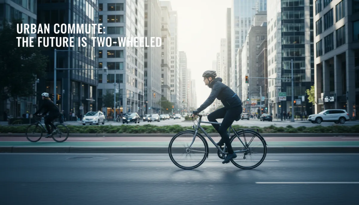 Cyclist riding a bike on a city street during commute