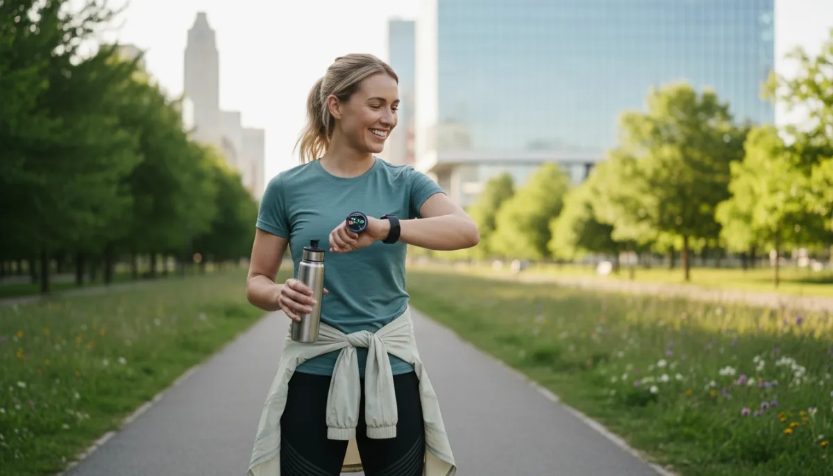 Happy woman checking her smartwatch after a walk