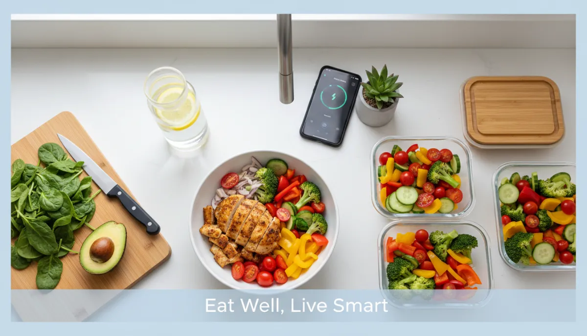 Healthy meal preparation with fresh vegetables and water bottle